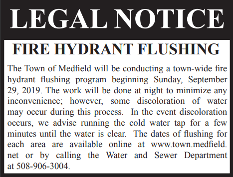 Fall 2019 Hydrant Flushing Legal Notice